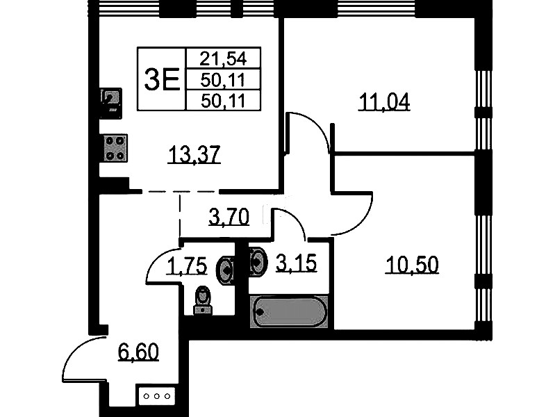 2-комнатная квартира 50.11 м², 15/17 эт., ЖК «Невская Долина»
